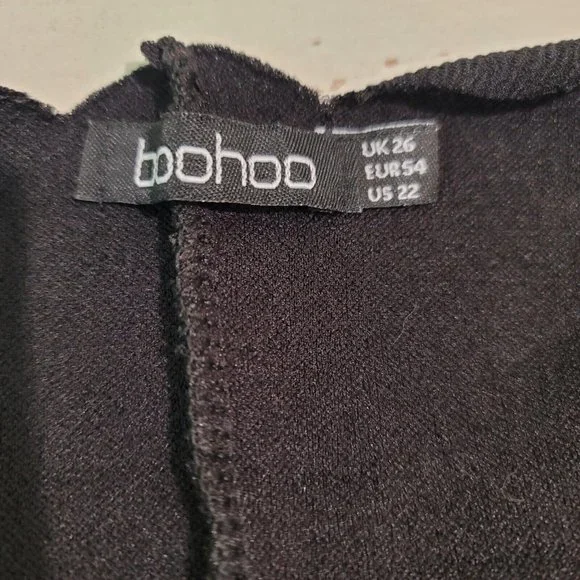 Boohoo Womens Size 22 Scallop Edge V Neck Black Shift Short Dress Tunic Stretch - Picture 8 of 11